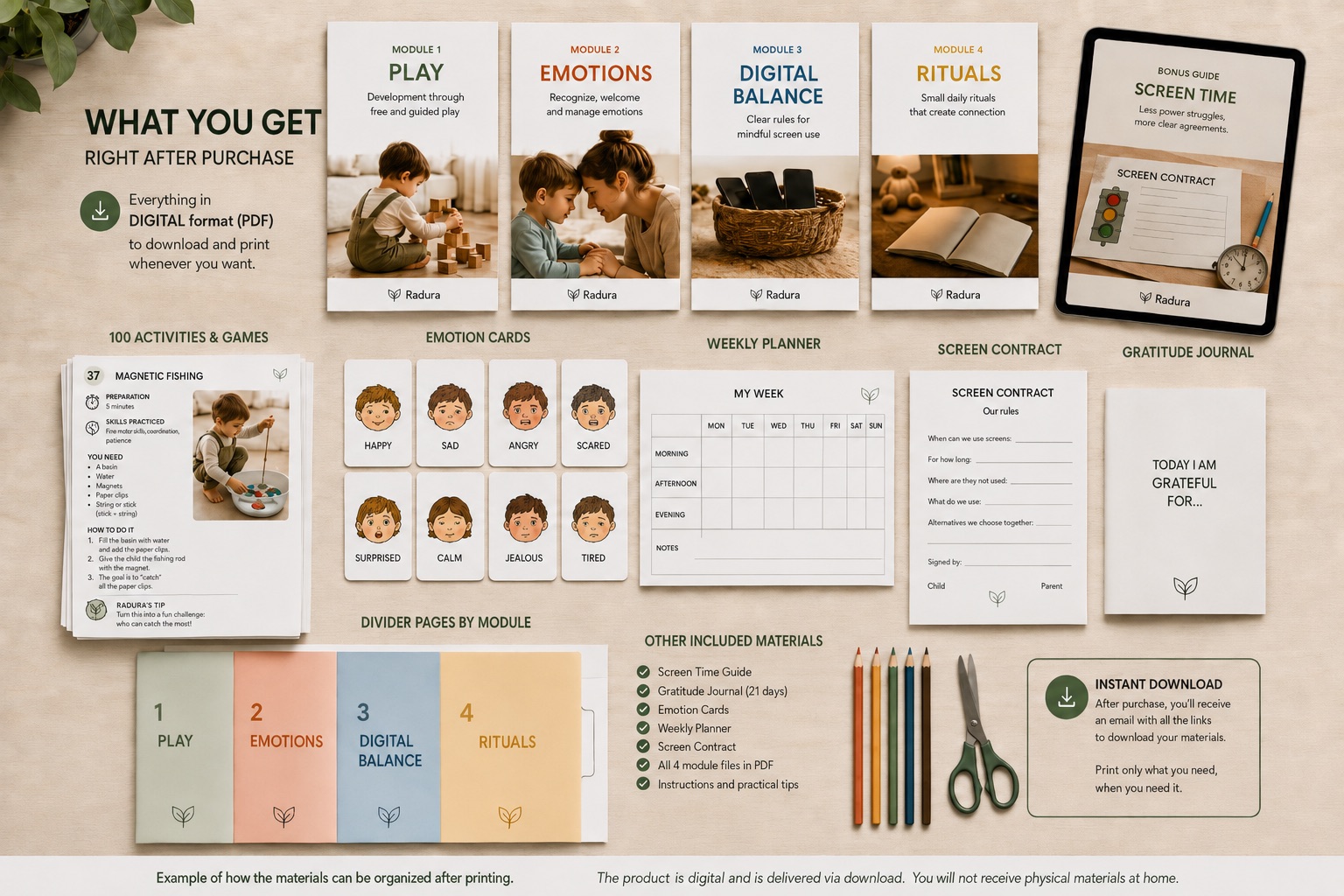 Example of how Radura materials look organized after printing: the 4 modules, the emotion cards, the weekly planner, the screen contract and the gratitude journal