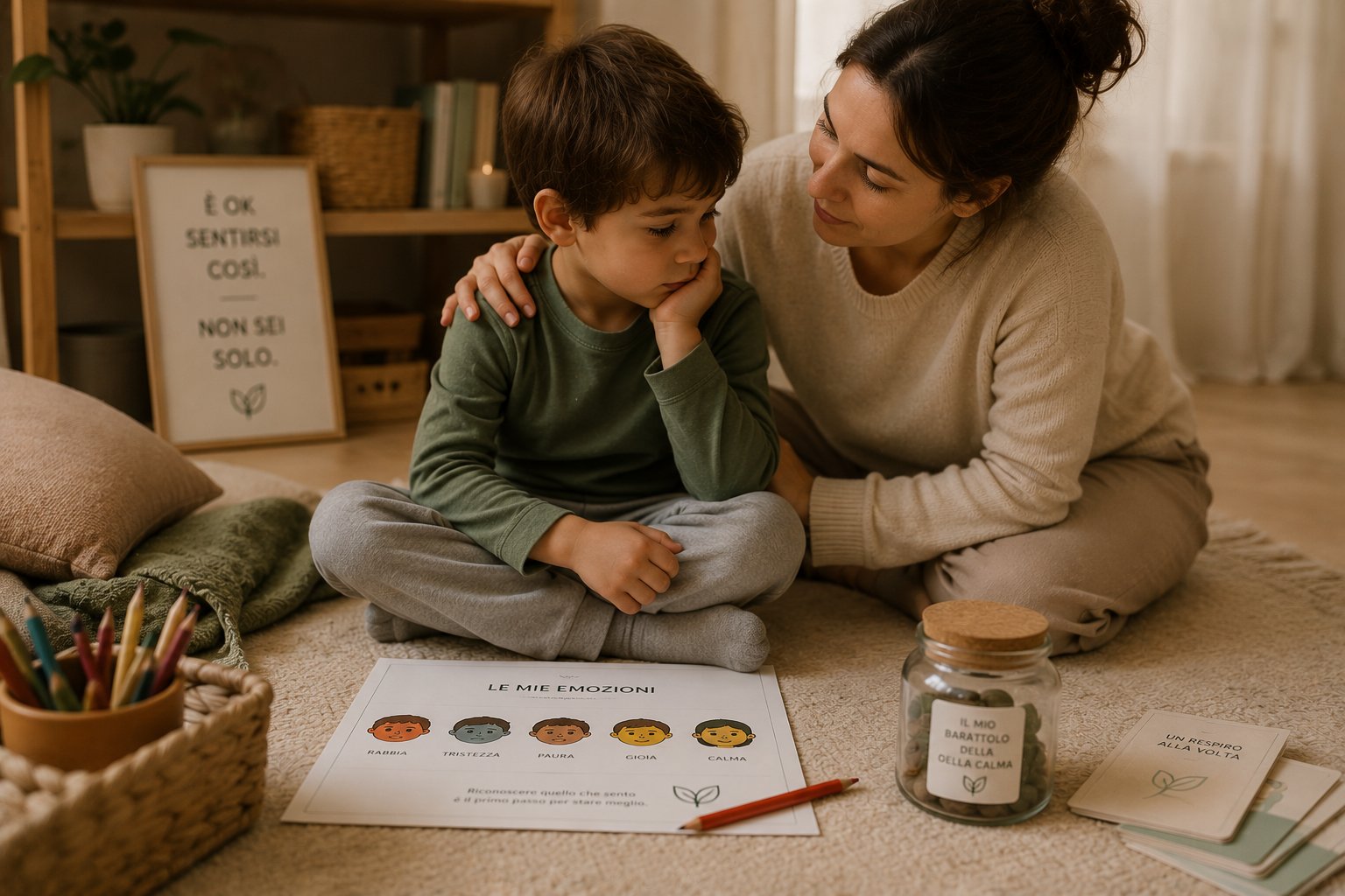 Una mamma consola il figlio usando una scheda stampata del Kit Emozioni