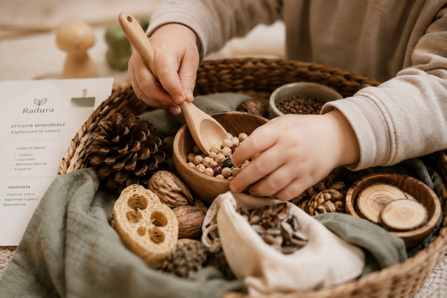 Un bambino esplora materiali naturali seguendo una scheda stampata del Kit Gioco