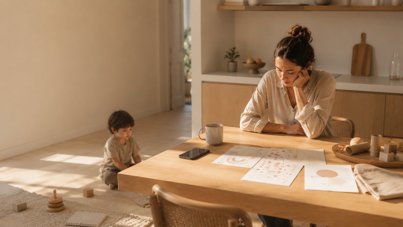 Una mamma stanca alla scrivania mentre il bambino gioca da solo vicino a lei