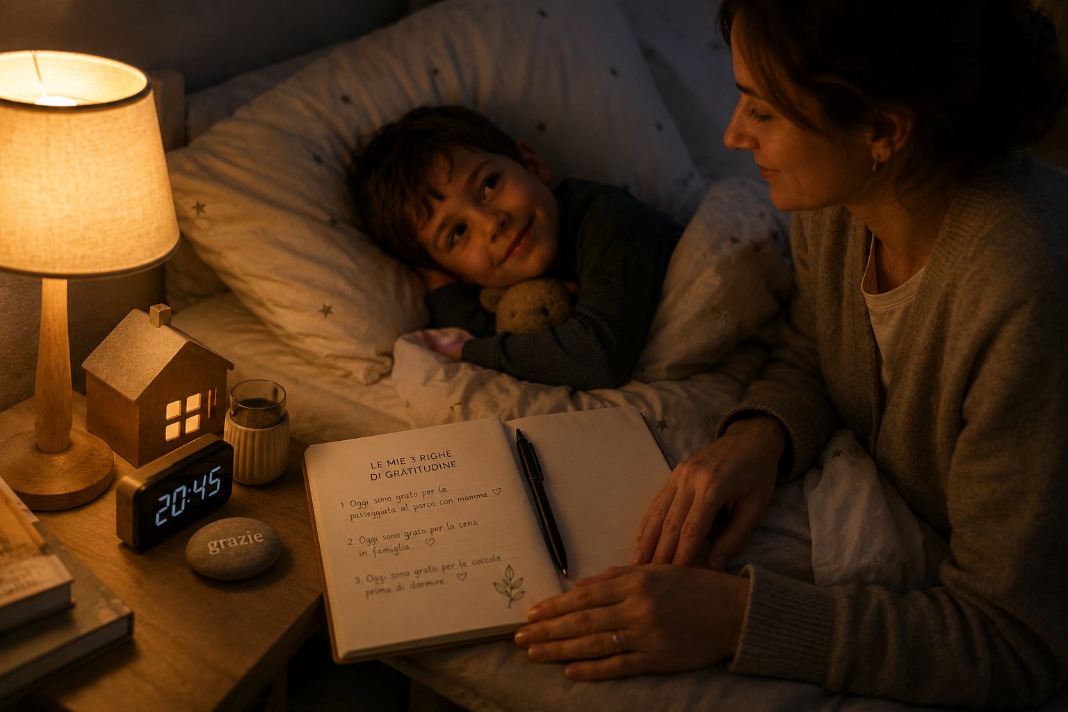 Una mamma e un bambino scrivono insieme le tre righe di gratitudine prima della nanna